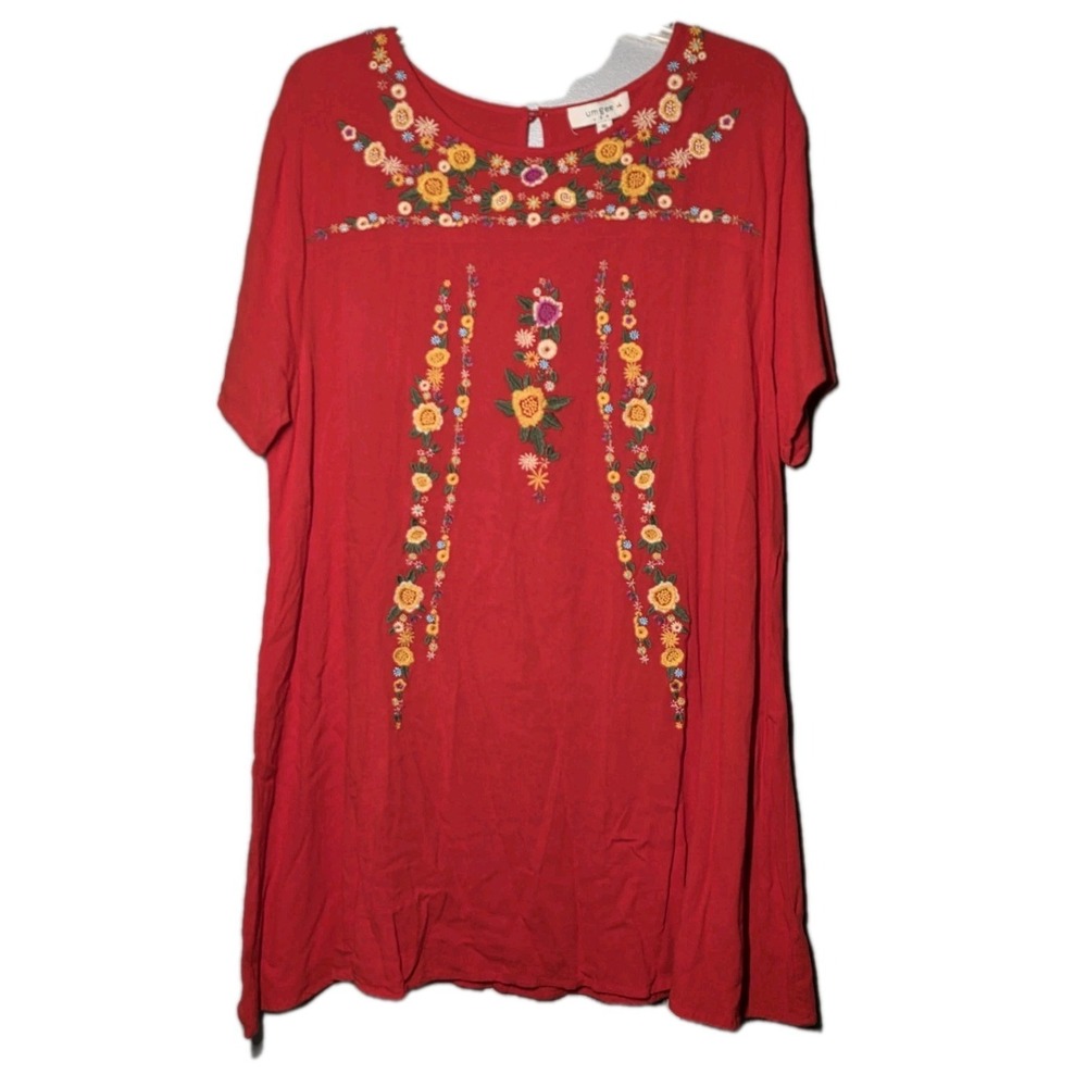 Umgee Dress/Tunic Womens Size 1XL Babydoll Floral Embroidered Short Sleeve Boho